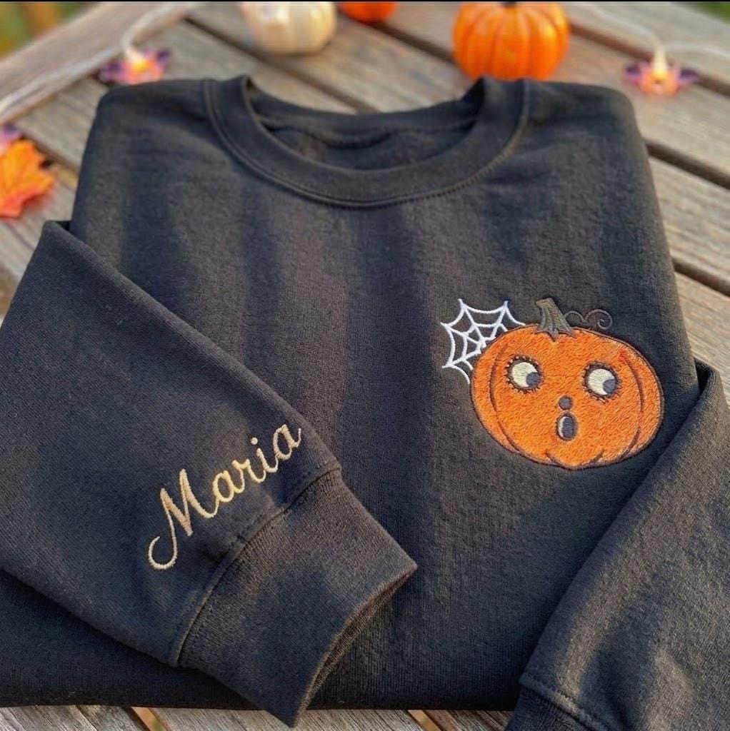 Custom Pumpkin Embroidered Sweatshirt, Spooky Spider Web Sleeve Name Halloween Crewneck