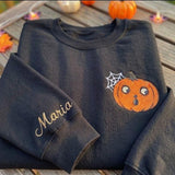 Custom Pumpkin Embroidered Sweatshirt, Spooky Spider Web Sleeve Name Halloween Crewneck