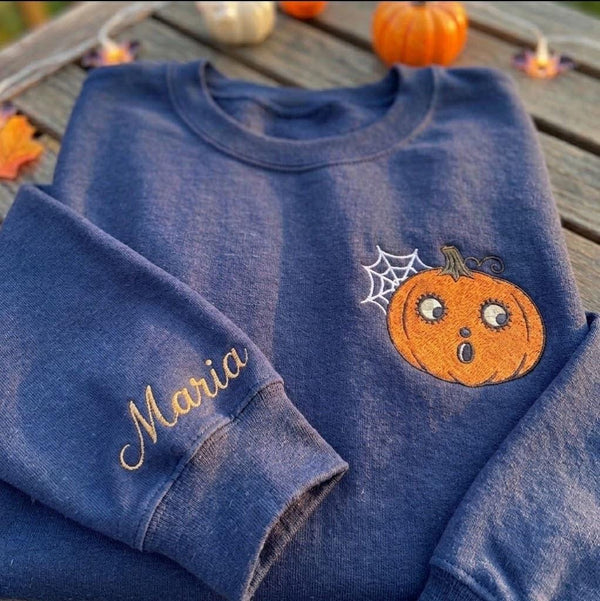 Custom Pumpkin Embroidered Sweatshirt, Spooky Spider Web Sleeve Name Halloween Crewneck