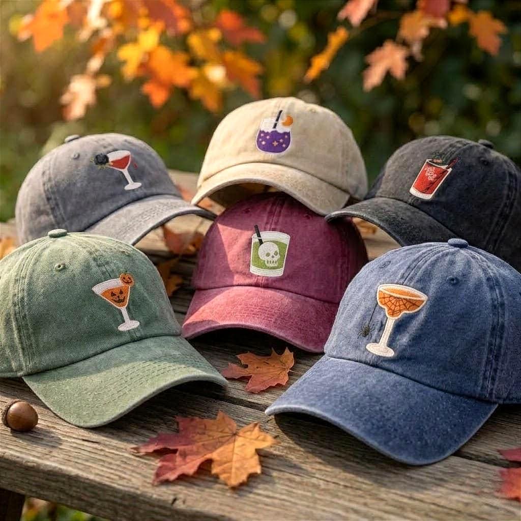 Custom Spooky Drink Embroidered Hat, Halloween Cocktail Dad Hat, Cute Witchy Boba Baseball Cap, Vintage Washed Cotton Fall Season Gift