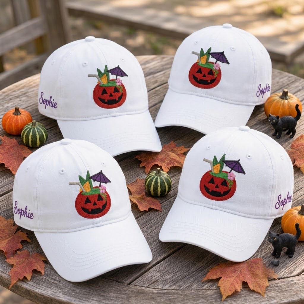 Custom Name Pumpkin Cocktail Embroidered Hat - Washed Cotton Halloween Baseball Cap