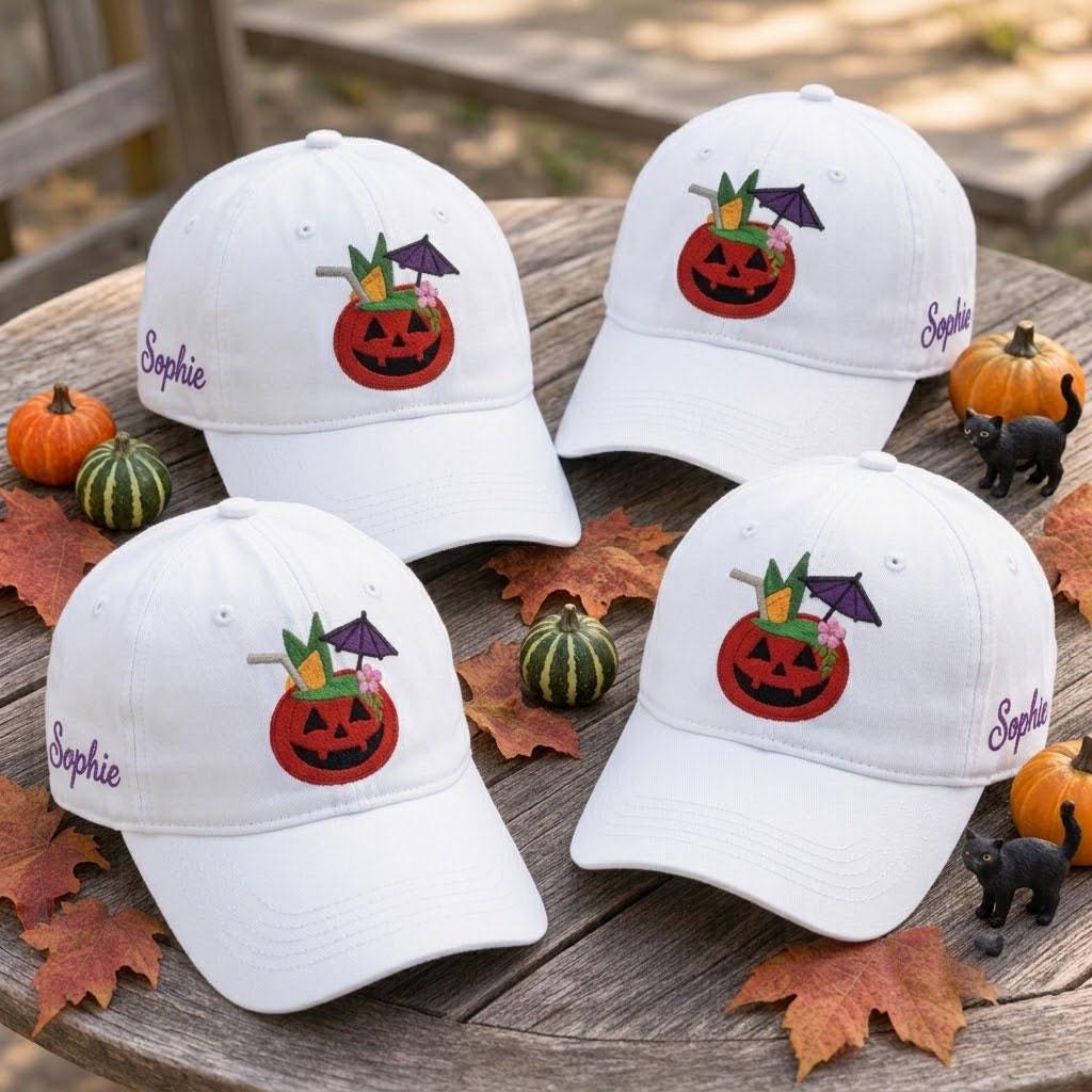 Custom Name Pumpkin Cocktail Embroidered Hat, Washed Cotton Halloween Dad Hat, Tropical Spooky Drink Baseball Cap, Fall Season Gift