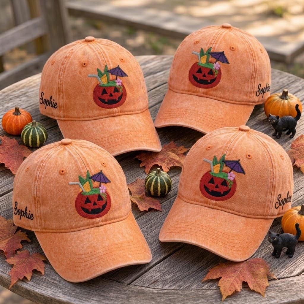 Custom Name Pumpkin Cocktail Embroidered Hat, Washed Cotton Halloween Dad Hat, Tropical Spooky Drink Baseball Cap, Fall Season Gift