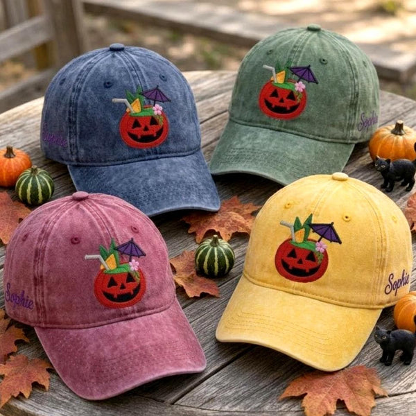 Custom Name Pumpkin Cocktail Embroidered Hat - Washed Cotton Halloween Baseball Cap - Image 1