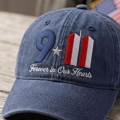 9/11 Memorial Embroidered Hat, Forever In Our Hearts Baseball Cap, Patriotic Tribute Headwear, Remembrance Gift, Never Forget Accessory