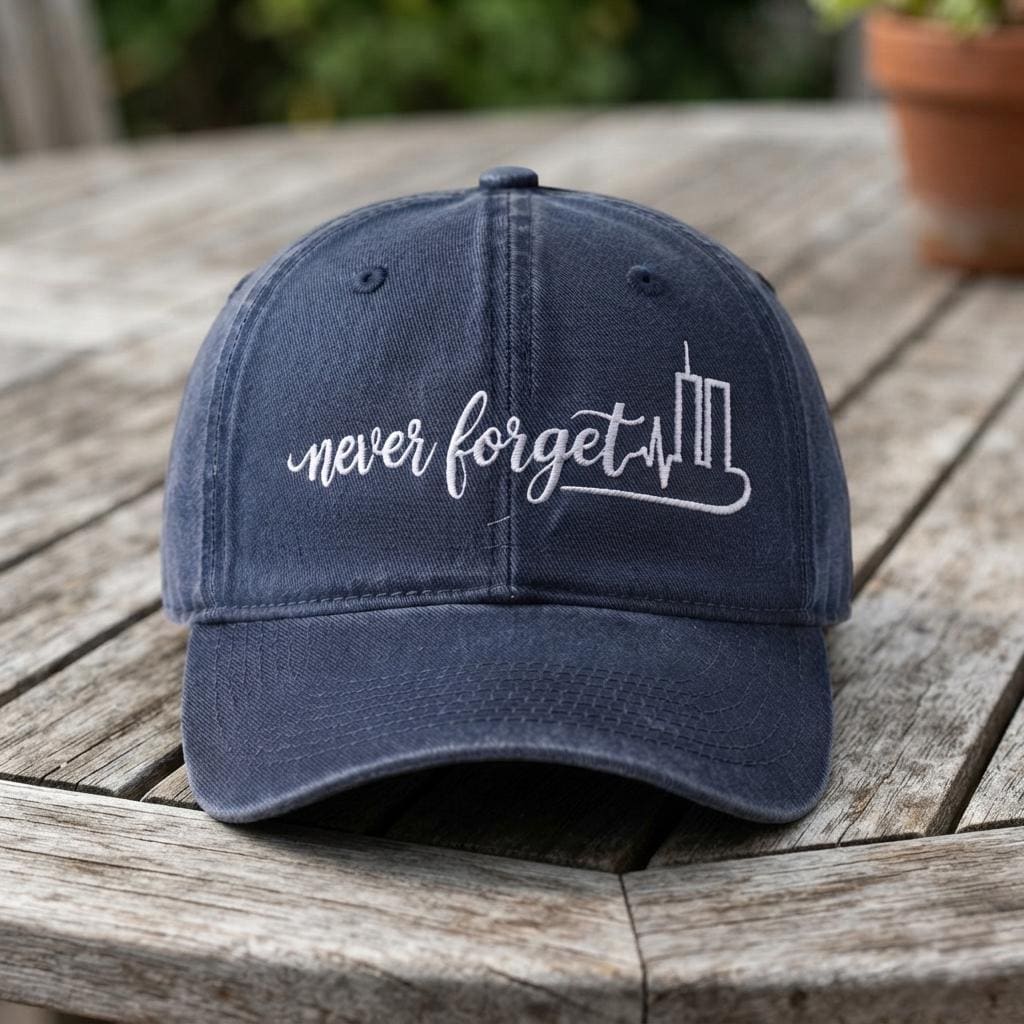 Never Forget Skyline Embroidered Hat, 9/11 Memorial Baseball Cap, Patriotic Tribute Headwear, Remembrance Gift, Unisex Tribute Accessory