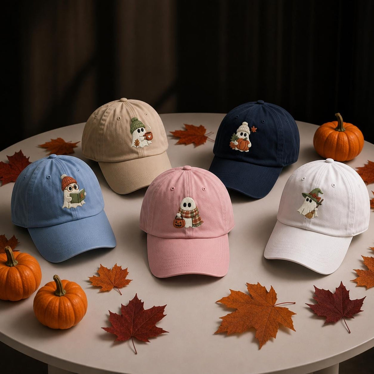 Cozy Ghost Embroidered Hat, Cute Halloween Baseball Cap, Matching Fall Party Gift
