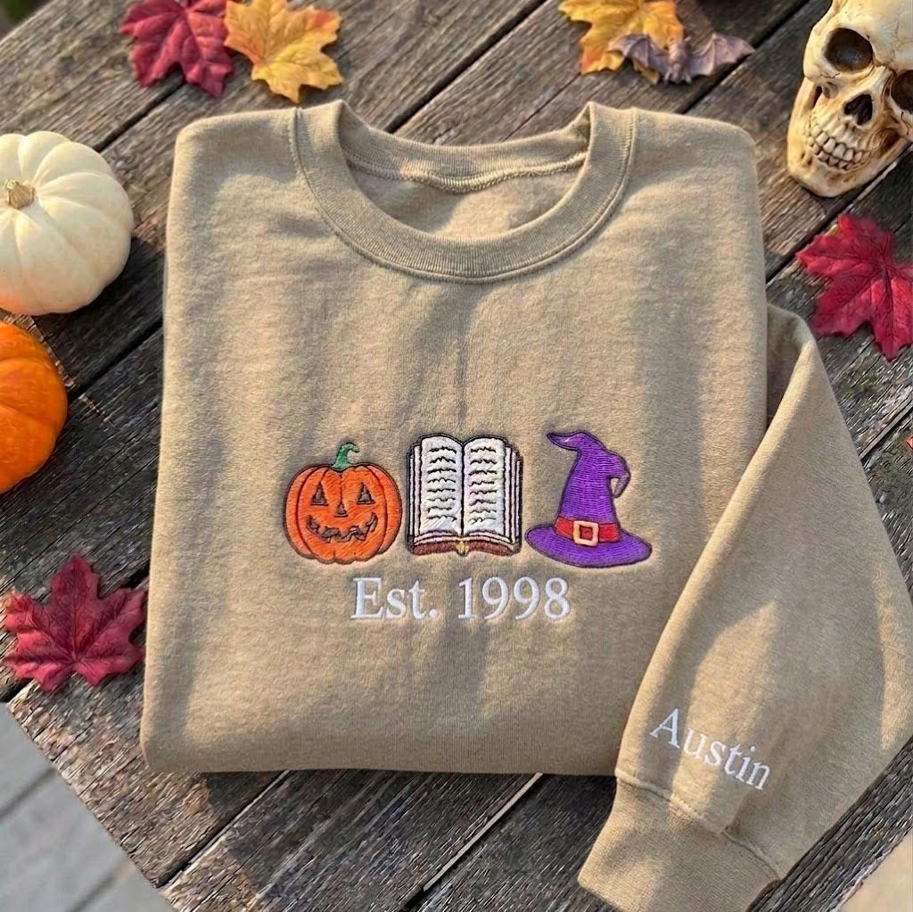 Custom Halloween Bookish Sweatshirt, Pumpkin Witch Hat Book Lover Sleeve Name Crewneck
