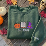 Custom Halloween Bookish Sweatshirt, Pumpkin Witch Hat Book Lover Sleeve Name Crewneck