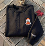 Custom Ghost Pumpkin Sweatshirt, Cute Ghost Beanie Embroidered Sleeve Name Crewneck