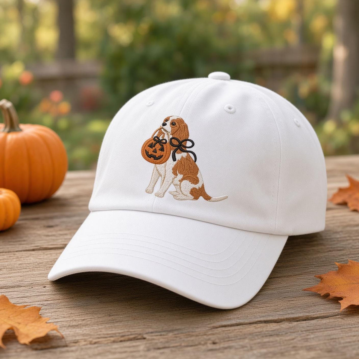 Custom Dog Halloween Embroidered Hat, Pumpkin Dog Breed Dad Hat, Spooky Dog Mom White Baseball Cap, Autumn Fall Gift for Dog Lover