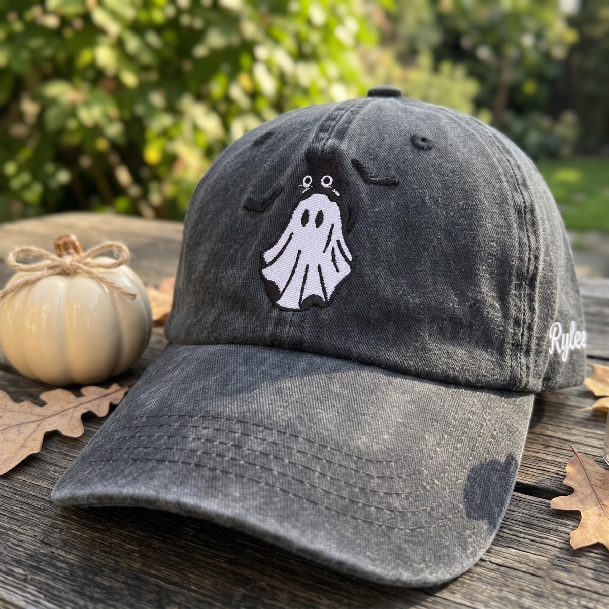 Custom Name Ghost Embroidered Hat, Cute Halloween Ghost Dad Hat, Personalized Spooky Season Baseball Cap, Vintage Washed Cotton Gift