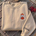 Custom Ghost Pumpkin Sweatshirt, Cute Ghost Beanie Embroidered Sleeve Name Crewneck