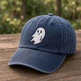 Minimalist Ghost Embroidered Hat, Navy Washed Cotton Halloween Baseball Cap, Autumn Gift