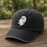 Minimalist Ghost Embroidered Hat, Navy Washed Cotton Halloween Baseball Cap, Autumn Gift