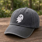 Minimalist Ghost Embroidered Hat, Navy Washed Cotton Halloween Baseball Cap, Autumn Gift