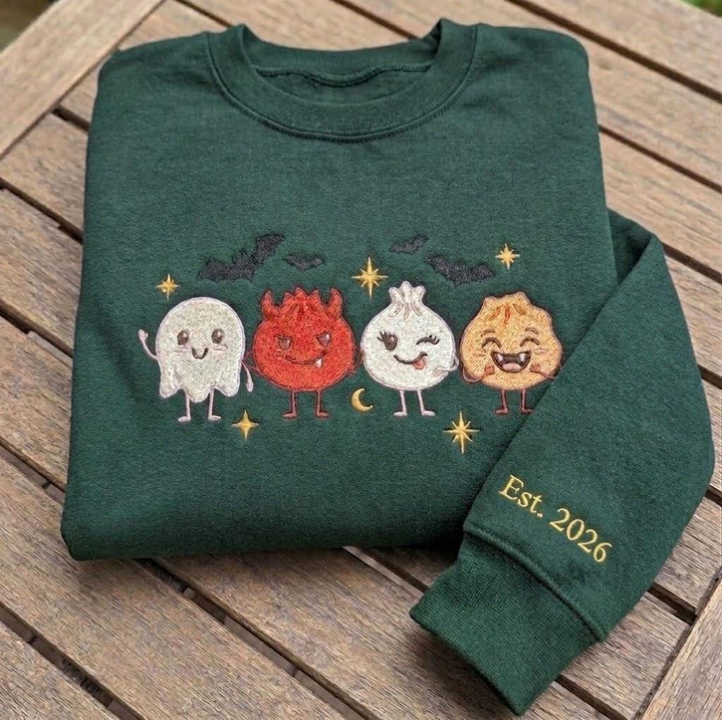 Custom Halloween Dumpling Sweatshirt, Cute Spooky Dim Sum Embroidered Sleeve Crewneck