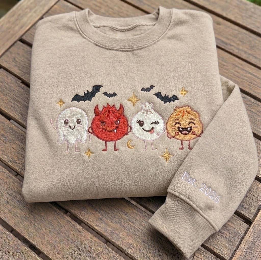 Custom Halloween Dumpling Sweatshirt, Cute Spooky Dim Sum Embroidered Sleeve Crewneck