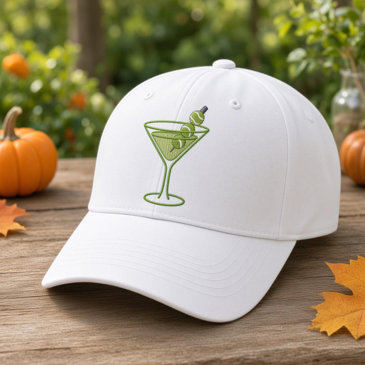 Custom Halloween Martini Embroidered Hat, Spooky Cocktail White Dad Hat, Cute Fall Drink Baseball Cap, Bachelorette Girls Trip Party Gift