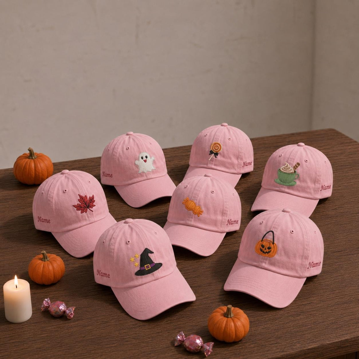 Personalized Halloween Icons Embroidered Hat, Custom Name Pink Fall Baseball Cap