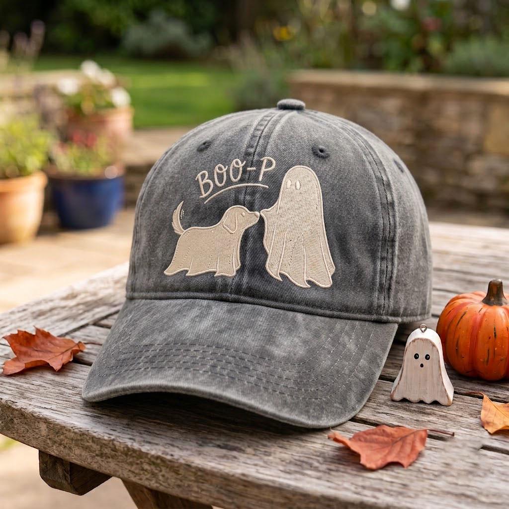 Embroidered Ghost Dog Hat, Boo-p Halloween Baseball Cap