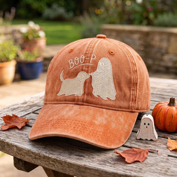 Embroidered Ghost Dog Hat, Boo-p Halloween Baseball Cap - Image 1