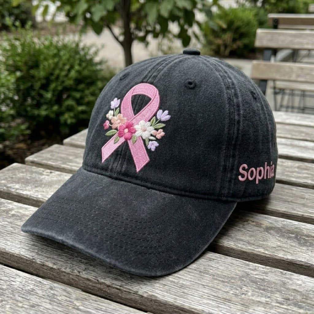 Custom Name Breast Cancer Awareness Hat, Floral Pink Ribbon Embroidered Dad Hat, Vintage Washed Baseball Cap, Cancer Survivor Gift