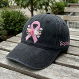 Custom Name Breast Cancer Awareness Hat, Floral Pink Ribbon Embroidered Dad Hat, Vintage Washed Baseball Cap, Cancer Survivor Gift