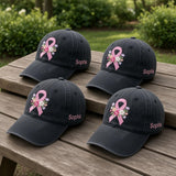 Custom Name Breast Cancer Awareness Hat, Floral Pink Ribbon Embroidered Dad Hat, Vintage Washed Baseball Cap, Cancer Survivor Gift