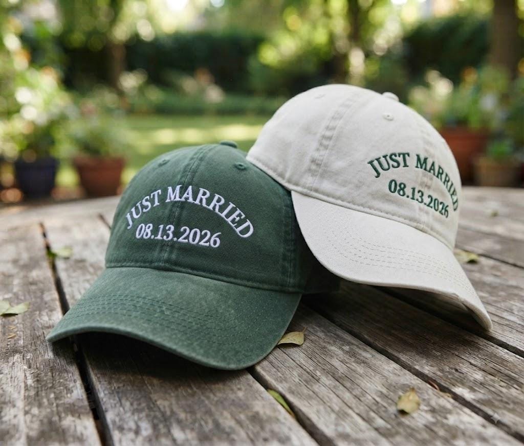 Custom Just Married Embroidered Hat - Wedding Date & Honeymoon Couple Cap