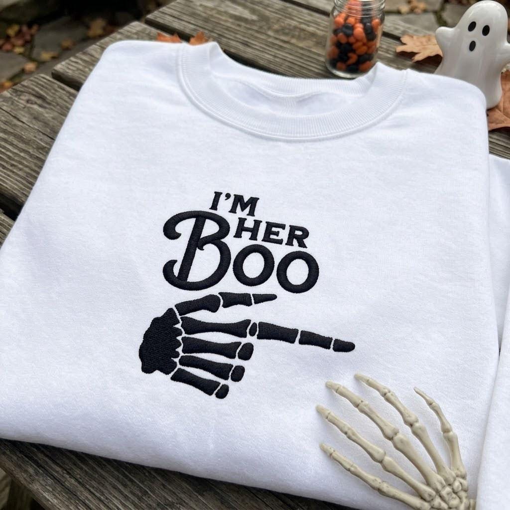 Custom Matching Halloween Couple Sweatshirt, Im His Ghoul Her Boo Skeleton Sleeve Crewneck