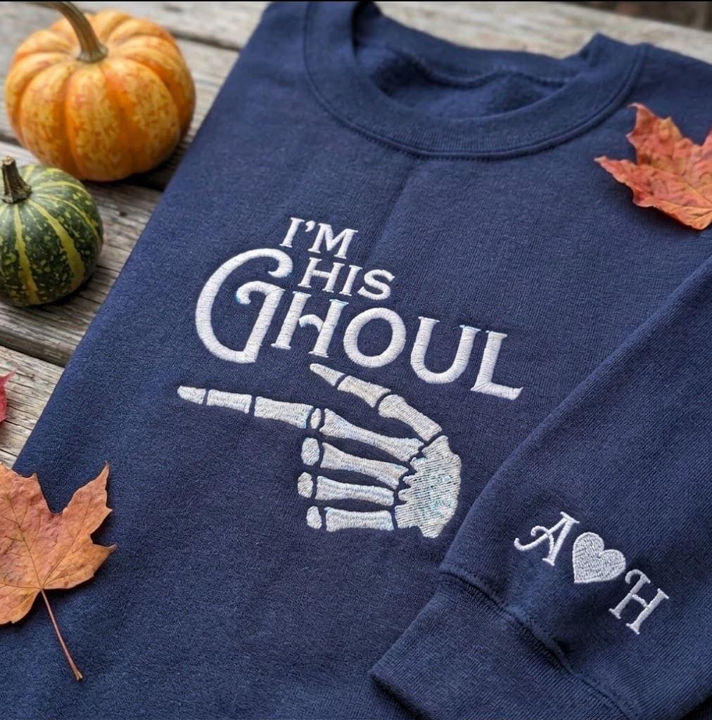 Custom Matching Halloween Couple Sweatshirt, Im His Ghoul Her Boo Skeleton Sleeve Crewneck