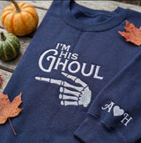 Custom Matching Halloween Couple Sweatshirt, Im His Ghoul Her Boo Skeleton Sleeve Crewneck