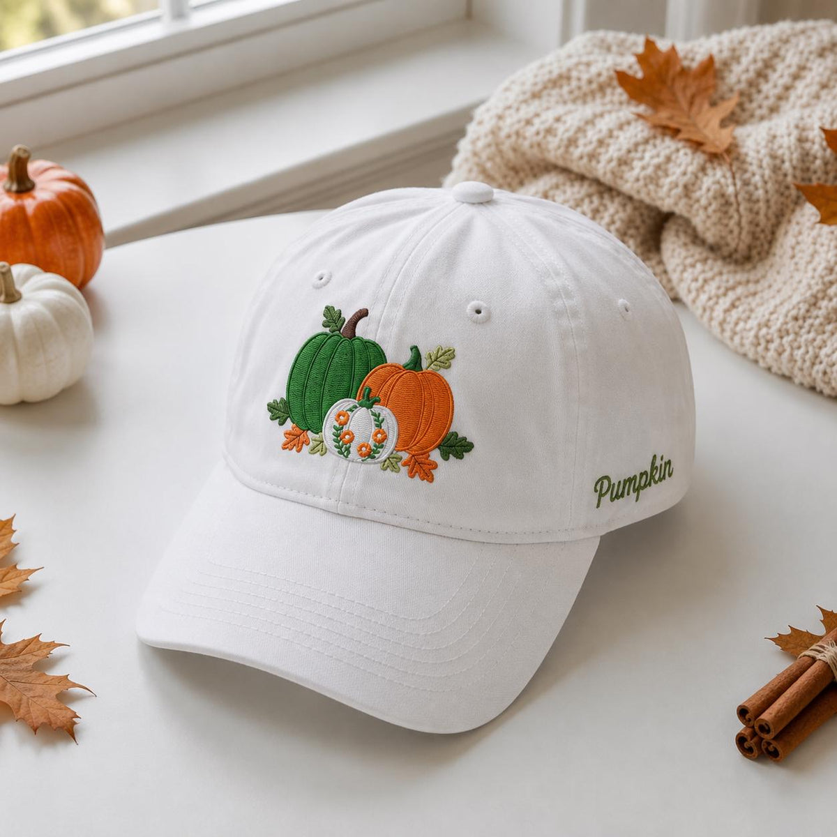 Floral Pumpkin Trio Embroidered Hat, Autumn Harvest Baseball Cap, Fall Thanksgiving Gift