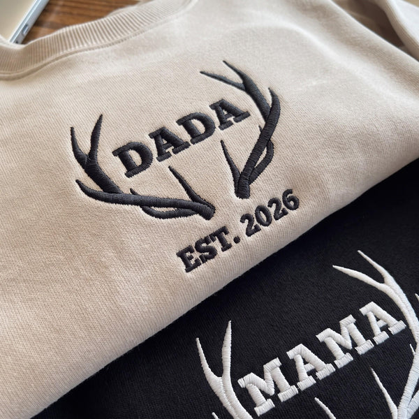 Embroidered Mama Dada Antlers Sweatshirt, Custom Est 2026 Deer Antler Couple Sweater, New Parents Gift, Matching Husband Wife Hunting Shirt