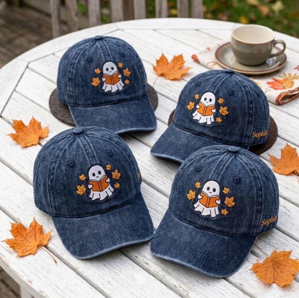 Custom Reading Ghost Embroidered Hat, Halloween Book Lover Baseball Cap, Personalized Fall Vintage Dad Hat, Spooky Season Bookish Gift