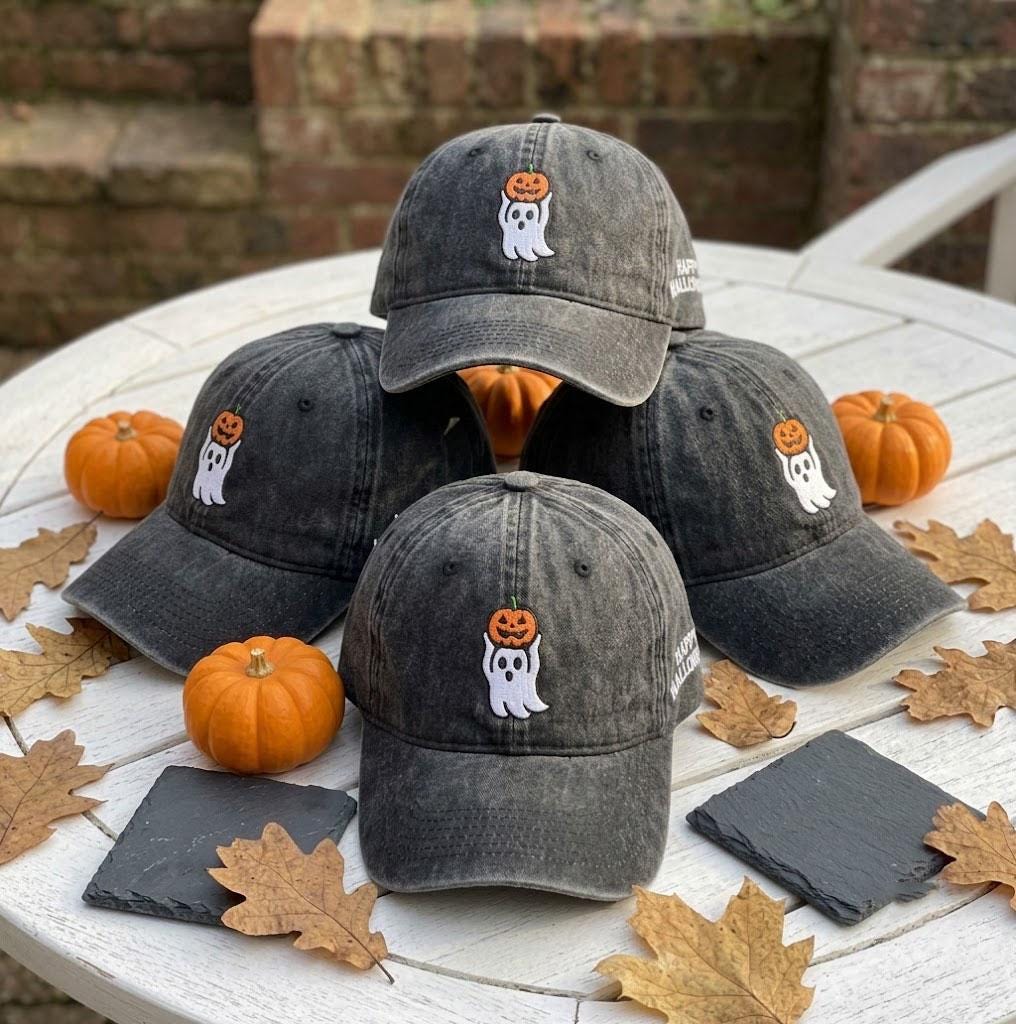 Custom Halloween Ghost Embroidered Hat - Personalized Pumpkin Ghost Baseball Cap