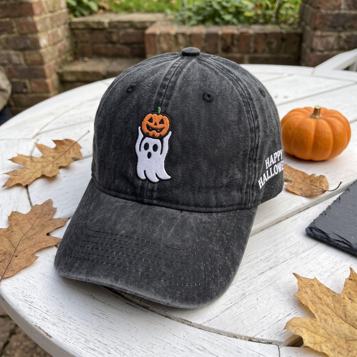 Custom Halloween Ghost Embroidered Hat - Personalized Pumpkin Ghost Baseball Cap