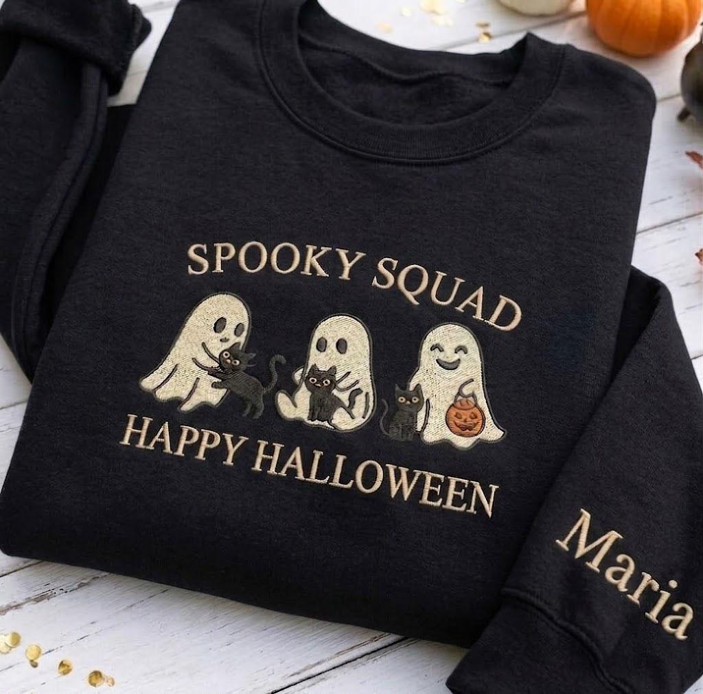 Custom Ghost Cat Embroidered Sweatshirt, Spooky Squad Halloween Sleeve Name Crewneck