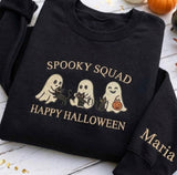 Custom Ghost Cat Embroidered Sweatshirt, Spooky Squad Halloween Sleeve Name Crewneck