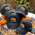Custom Black Cat Halloween Embroidered Hat, Pumpkin Dad Hat, Personalized Fall Vintage Baseball Cap, Cute Spooky Cat Lover Halloween Gift