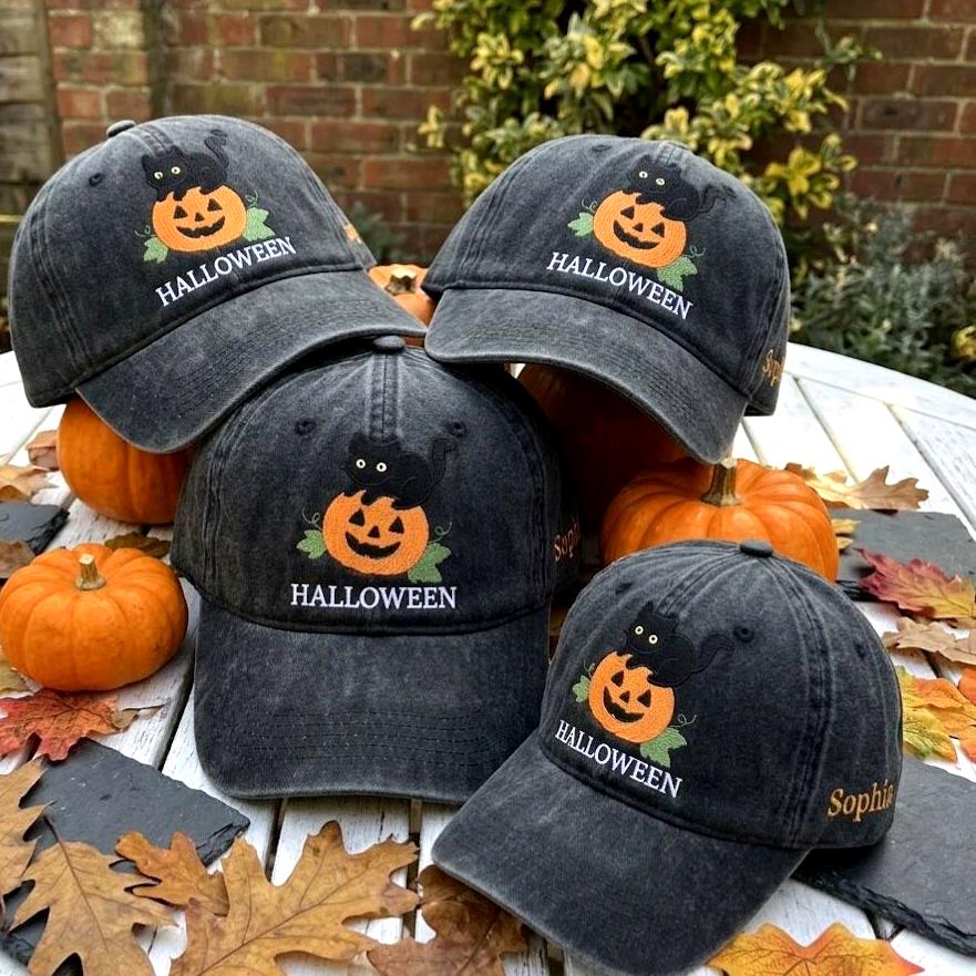 Custom Black Cat Halloween Embroidered Hat, Pumpkin Dad Hat, Personalized Fall Vintage Baseball Cap, Cute Spooky Cat Lover Halloween Gift