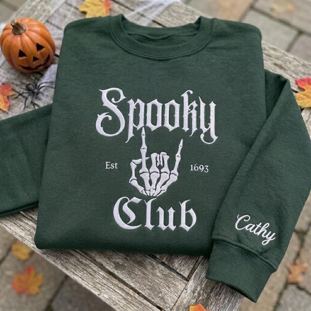 Custom Name Sleeve Spooky Club Est 1693 Sweatshirt, Embroidered Skeleton Hand Sweater, Halloween Group Shirt, Spooky Season Fall Gift