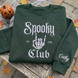 Custom Name Sleeve Spooky Club Est 1693 Sweatshirt, Embroidered Skeleton Hand Sweater, Halloween Group Shirt, Spooky Season Fall Gift