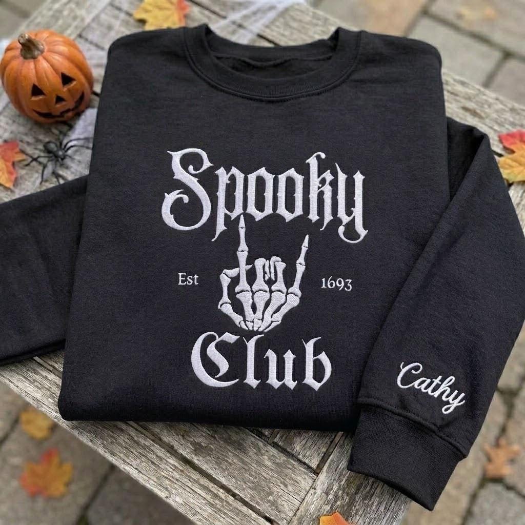 Custom Name Sleeve Spooky Club Est 1693 Sweatshirt, Embroidered Skeleton Hand Sweater, Halloween Group Shirt, Spooky Season Fall Gift