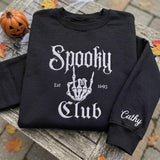 Custom Name Sleeve Spooky Club Est 1693 Sweatshirt, Embroidered Skeleton Hand Sweater, Halloween Group Shirt, Spooky Season Fall Gift