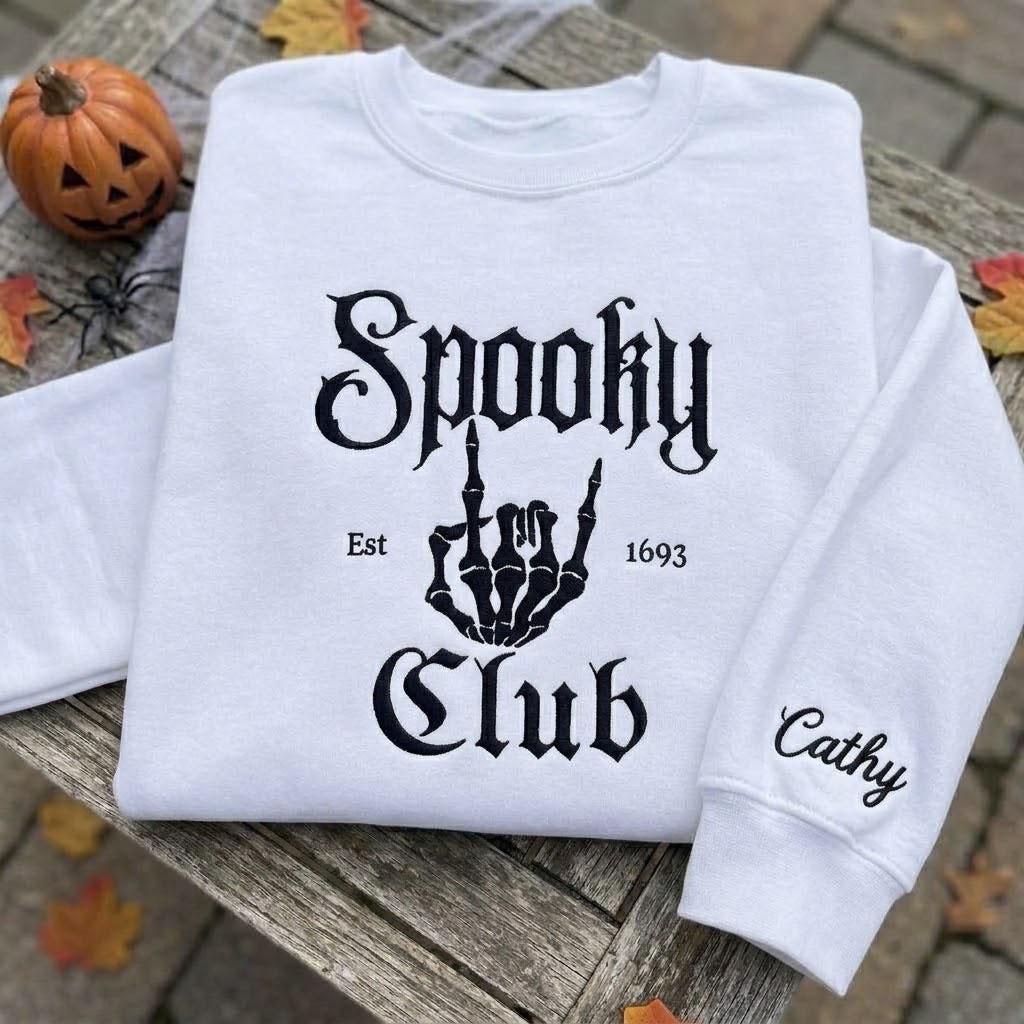 Custom Name Sleeve Spooky Club Est 1693 Sweatshirt, Embroidered Skeleton Hand Sweater, Halloween Group Shirt, Spooky Season Fall Gift