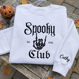 Custom Name Sleeve Spooky Club Est 1693 Sweatshirt, Embroidered Skeleton Hand Sweater, Halloween Group Shirt, Spooky Season Fall Gift
