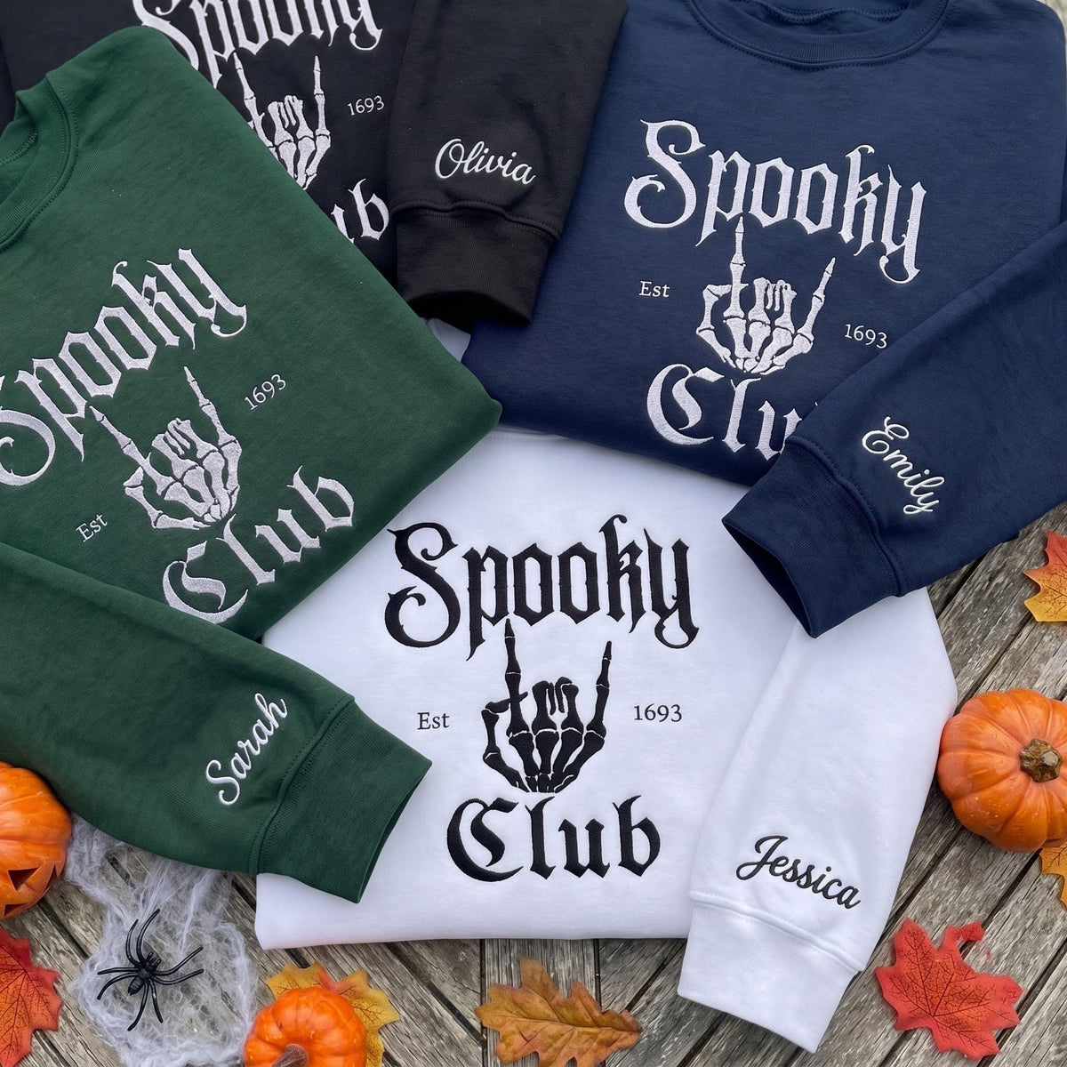 Custom Name Sleeve Spooky Club Est 1693 Sweatshirt, Embroidered Skeleton Hand Sweater, Halloween Group Shirt, Spooky Season Fall Gift