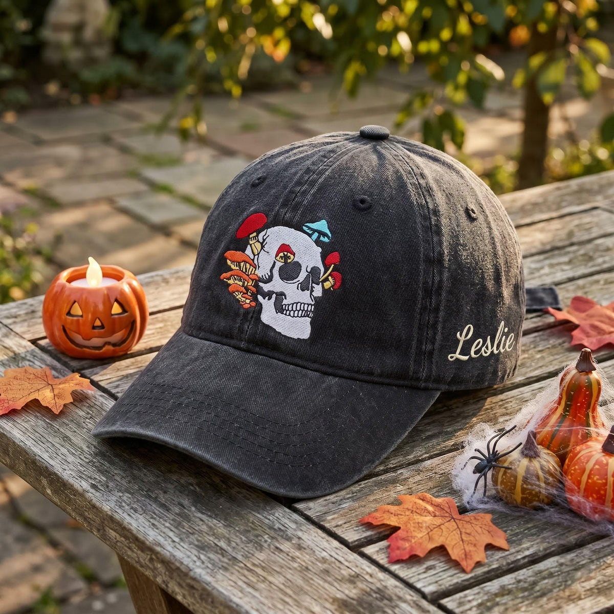 Custom Name Mushroom Skull Embroidered Hat, Goth Botanical Skeleton Dad Hat, Vintage Washed Cotton Baseball Cap, Halloween Nature Gift